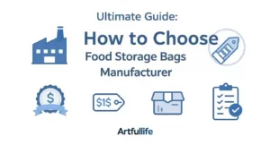 infographie du guide ultime pour choisir le meilleur fabricant de sacs de stockage alimentaire avec les critères clés de sélection et Artfullife branding