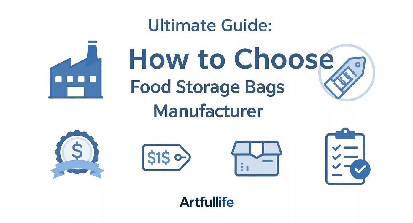 infographie du guide ultime pour choisir le meilleur fabricant de sacs de stockage alimentaire avec les critères clés de sélection et Artfullife branding